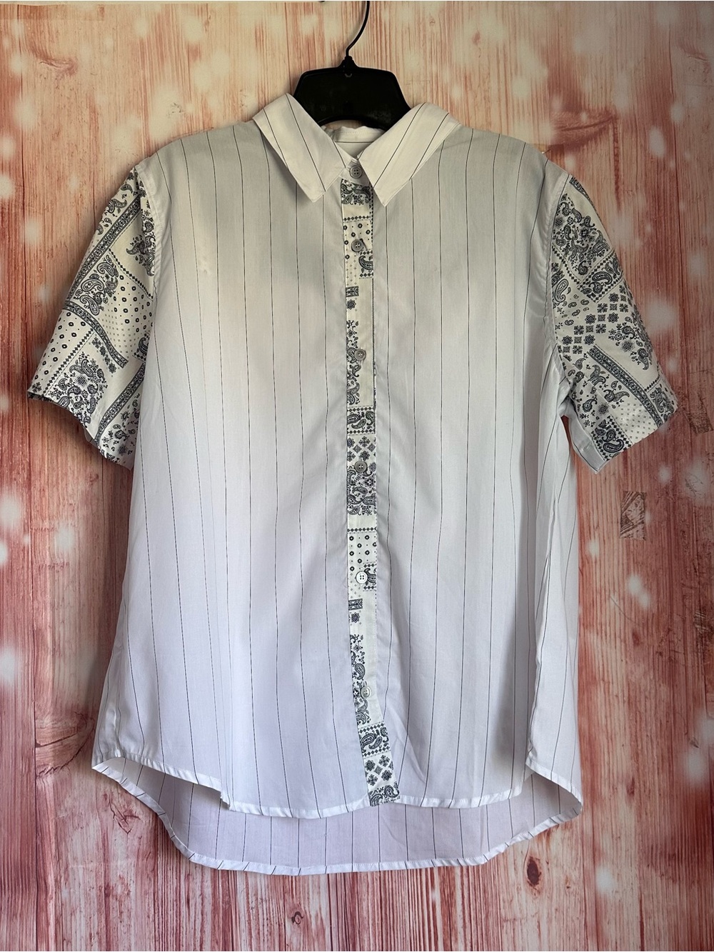 Clu Too White Striped Blue Bandana Paisley Mixed Media Printed Button Up Shirt M